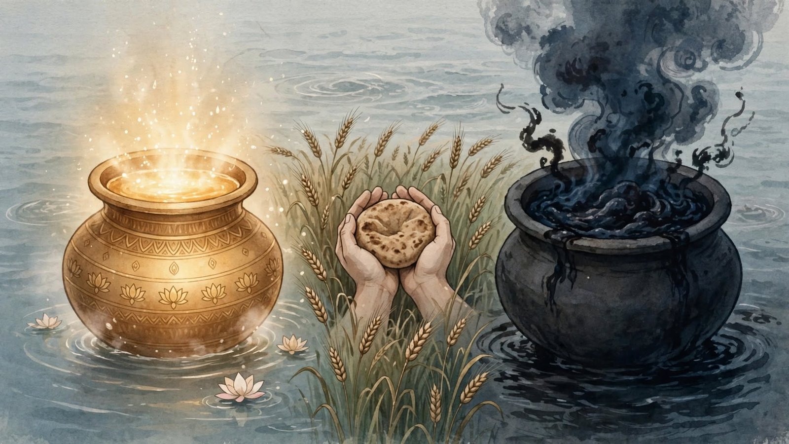 Karma and dharma symbolism with Amrit, poison, wheat and bread